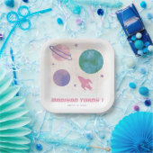 Girly Outer Space Waterverf Planet 1e verjaardag Papieren Bordje (Feest)