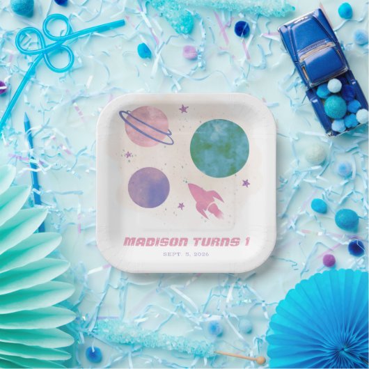 Girly Outer Space Waterverf Planet 1e verjaardag Papieren Bordje (Feest)