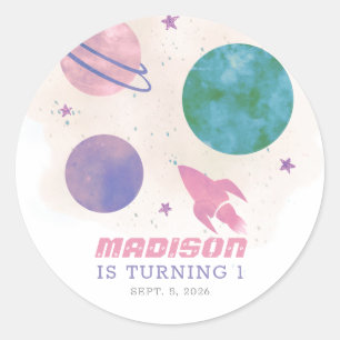 Girly Outer Space Waterverf Planet 1e verjaardag Ronde Sticker