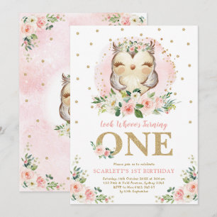 Girly Owl Blush Roze Bloemen 1e Verjaardagsfeest Kaart