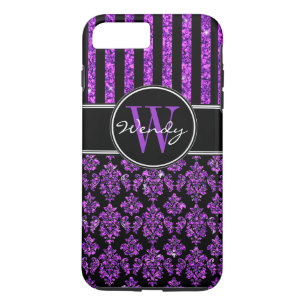 Girly Paars Glitter Black Damask Jouw naam iPhone 8 Plus / 7 Plus Hoesje
