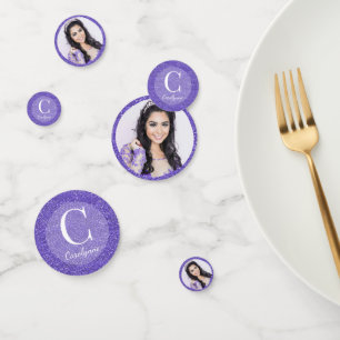 Girly Paars Glitter Monogram Foto Confetti