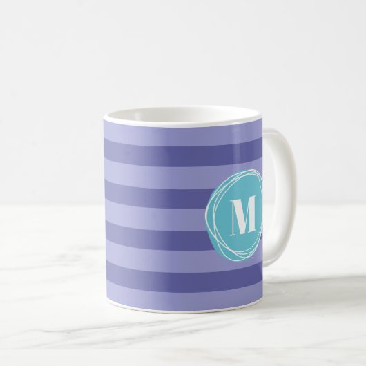 Girly Paarse Aqua Stripes Monogram Koffiemok (Voorkant rechts)