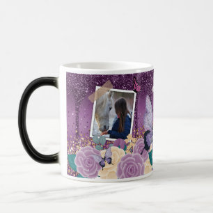 Girly Paarse Bloemen Faux Sparkly Twee Foto Naam Magische Mok
