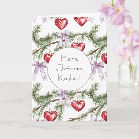 Girly Paarse Bogen Kerstboom Branches Harten Kaart (Orchidee)