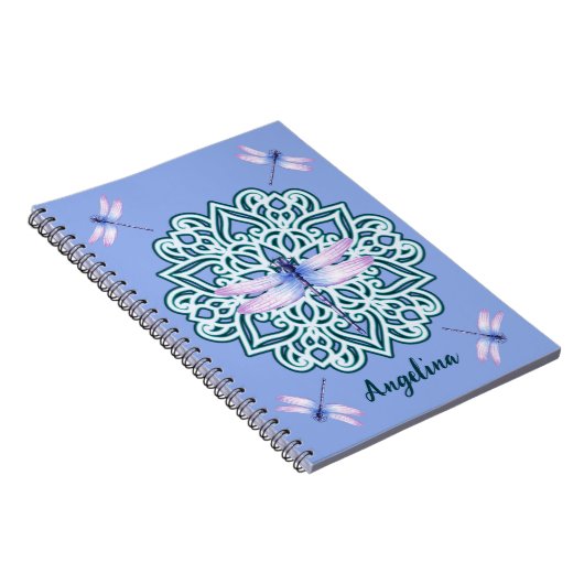 Girly Paarse Dragonfly Mandala Monogram Naam Notitieboek (Rechterzijde)