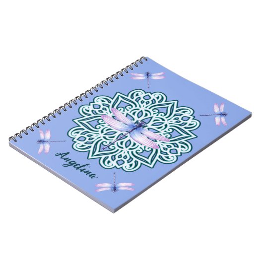 Girly Paarse Dragonfly Mandala Monogram Naam Notitieboek (Linkerzijde)