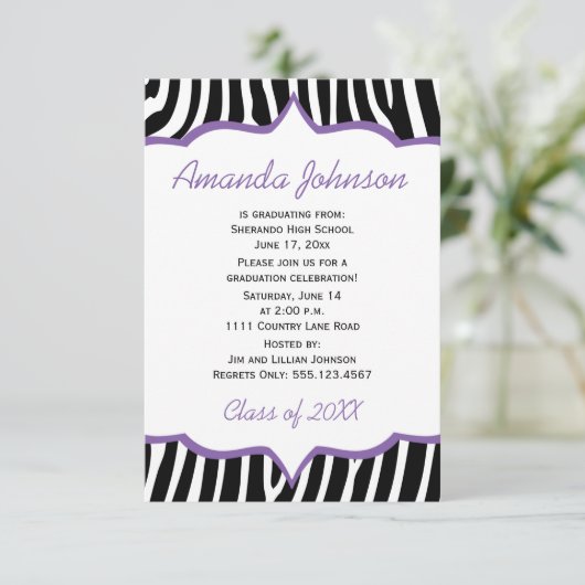 Girly Paarse en Zebra Print Afstudeerfeest Kaart (Staand voorkant)