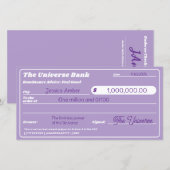 Girly Paarse Geld Manifestatie Check (Voorkant / Achterkant)