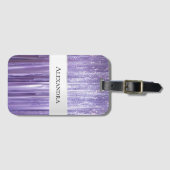 Girly Paarse Glam Glitzy Tinsel Stripes Bagagelabel (Voorkant (horizontaal))