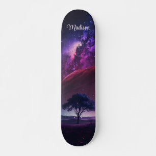 Girly Paarse Midnight Sky Tree Aangepaste naam Skateboard