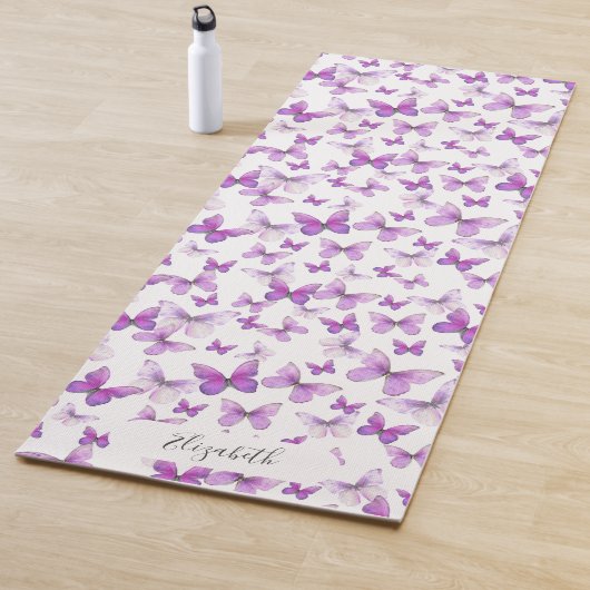Girly Paarse Pastel Butterflies Custom Name Yogamat (In situ)