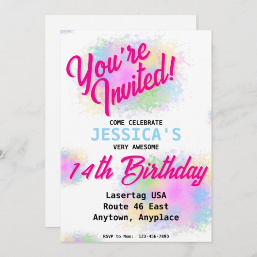 Girly Paint Splatter Invitation de fête d'annivers (Devant / Derrière)