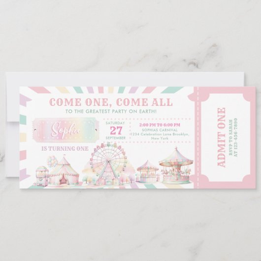 Girly Pastel Kleur Carnaval Circus Ticket Verjaard Kaart (Voorkant)
