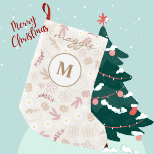 Girly pastel, mooi bloempatroon, monogrammen kleine kerstsok