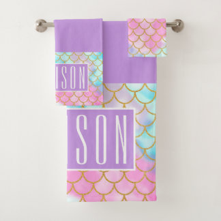 Girly Pastel Ombre Gold Glitter Mermaid Name Bad Handdoek