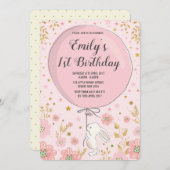 Girly Pastel Pink Bunny Rabbit Birthday Party Kaart (Voorkant / Achterkant)