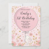 Girly Pastel Pink Bunny Rabbit Birthday Party Kaart (Voorkant)