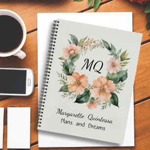 Girly Peach Fuzz Floral Waterverf Zwart Monogram Notitieboek