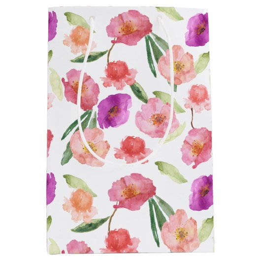 Girly Peach Pink Paarse Floral Waterverf Medium Cadeauzakje (Voorkant)