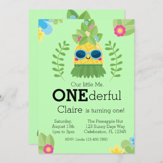Girly Pineapple mevrouw Onederful First Invitation Kaart (Voorkant / Achterkant)