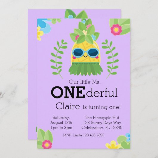 Girly Pineapple Mme Onederful Première Invitation (Devant / Derrière)