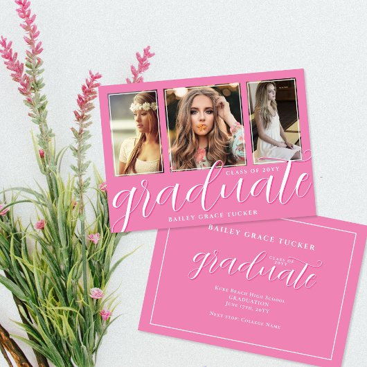 Girly Pink Afstuderen Script 3-foto-Afstuderen Aankondiging