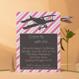 Girly Pink  Airplane Birthday Invite Kaart