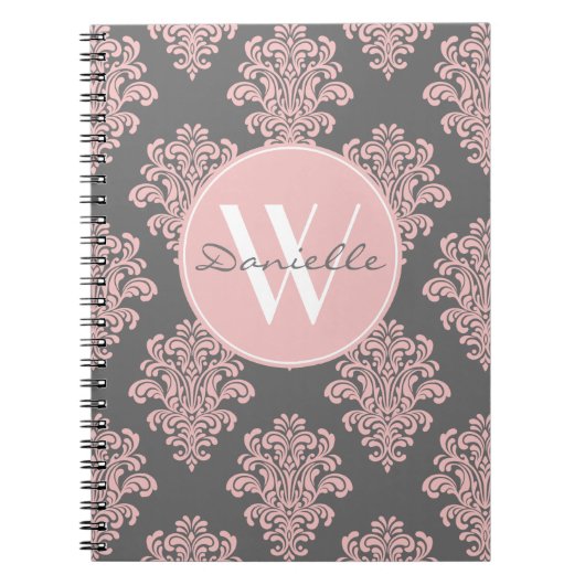 Girly Pink and Grey Damask Monogram Notitieboek (Voorkant)