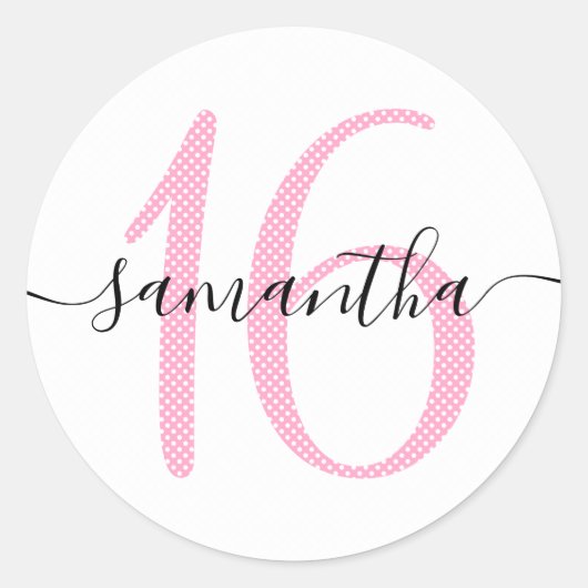 Girly Pink and White Polka Dot Personalized 16 Ronde Sticker (Voorkant)
