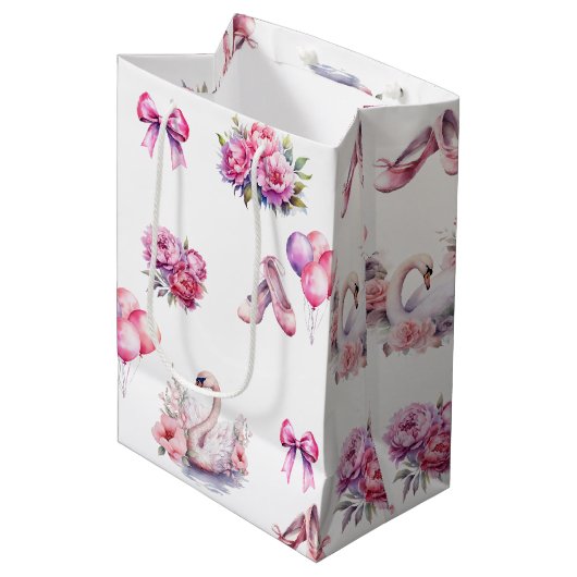 Girly Pink Ballet Floral Medium Cadeauzakje (Voorkant Gekanteld)