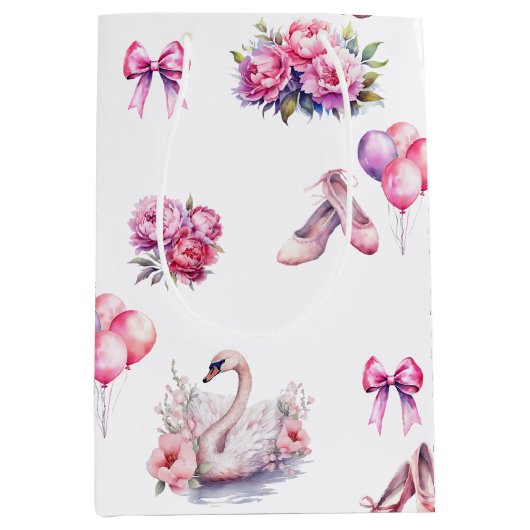 Girly Pink Ballet Floral Medium Cadeauzakje (Voorkant)