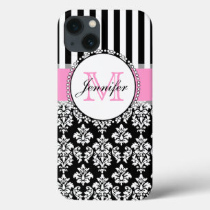 Girly Pink Black Damask Striped Monogrammed iPhone 13 Hoesje