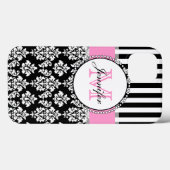 Girly Pink Black Damask Striped Monogrammed Case-Mate iPhone Case (Achterkant (horizontaal))