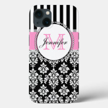 Girly Pink Black Damask Striped Monogrammed