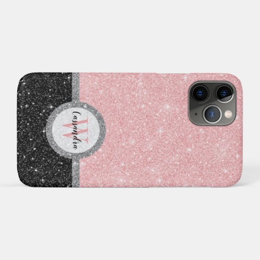 Girly Pink Black Glitter Monogram Naam Case-Mate iPhone Case (Achterkant (horizontaal))