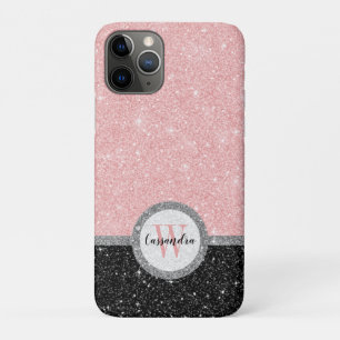 Girly Pink Black Glitter Monogram Naam iPhone 11 Pro Hoesje
