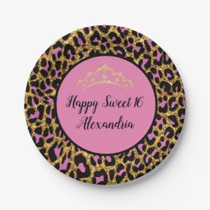 Girly Pink & Black Leopard Gold Glitter Papieren Bordje