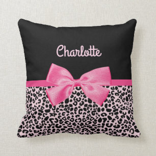 Girly Pink Black Leopard Print Cute Bow and Name Kussen