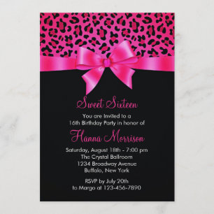 Girly Pink Black Leopard Print Elegant Sweet 16 Kaart