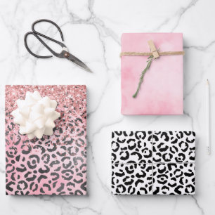 Girly Pink Black Leopard Print Glitter Inpakpapier Vel