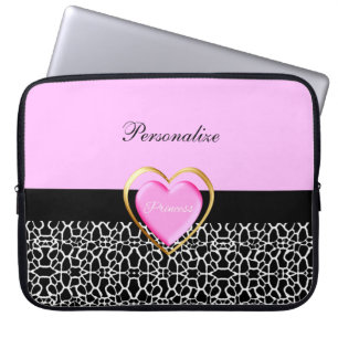Girly Pink Black Princess Giraffe Print and Name Laptop Sleeve
