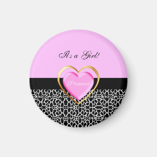 Girly Pink Black Princess Giraffe Print and Name Magneet