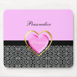 Girly Pink Black Princess Giraffe Print and Name Muismat