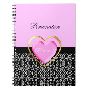 Girly Pink Black Princess Giraffe Print and Name Notitieboek