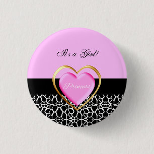 Girly Pink Black Princess Giraffe Print and Name Ronde Button 3,2 Cm