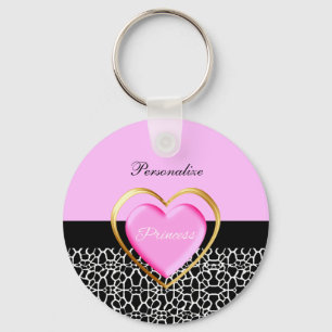 Girly Pink Black Princess Giraffe Print and Name Sleutelhanger