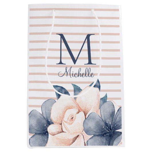 Girly Pink Blue Floral Monogram Name Striped Medium Cadeauzakje (Voorkant)