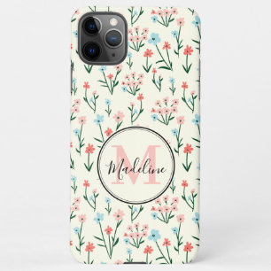 Girly Pink Blue Flowers Pattern Elegant Monogram iPhone 11Pro Max Hoesje