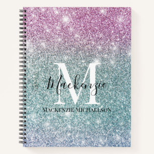 Girly Pink Blue Paars Glitter Monogram Naam Notitieboek